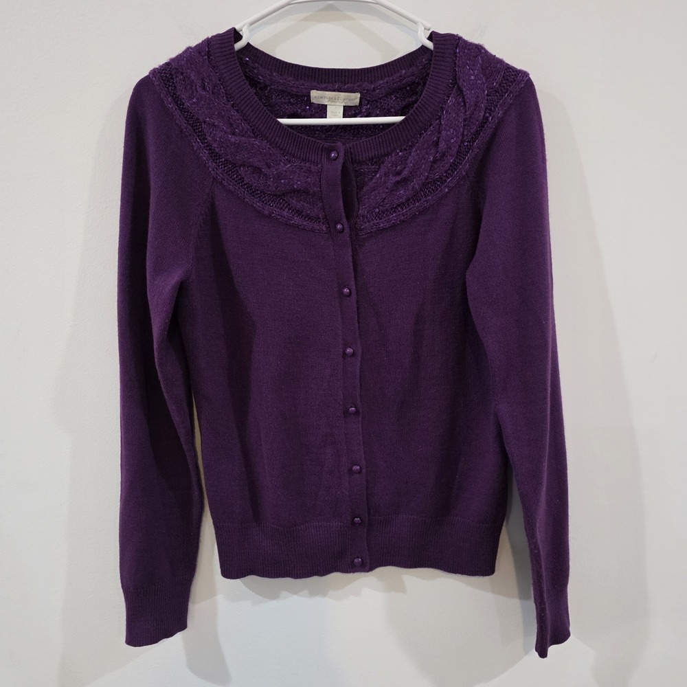 Vintage Womens Cardigan Small Purple Cable Knit Collar Parisian Quiet Luxury